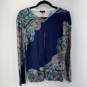 Talbots Womens Navy Blue Paisley Print Cotton Rayon Button Front Cardigan Size L